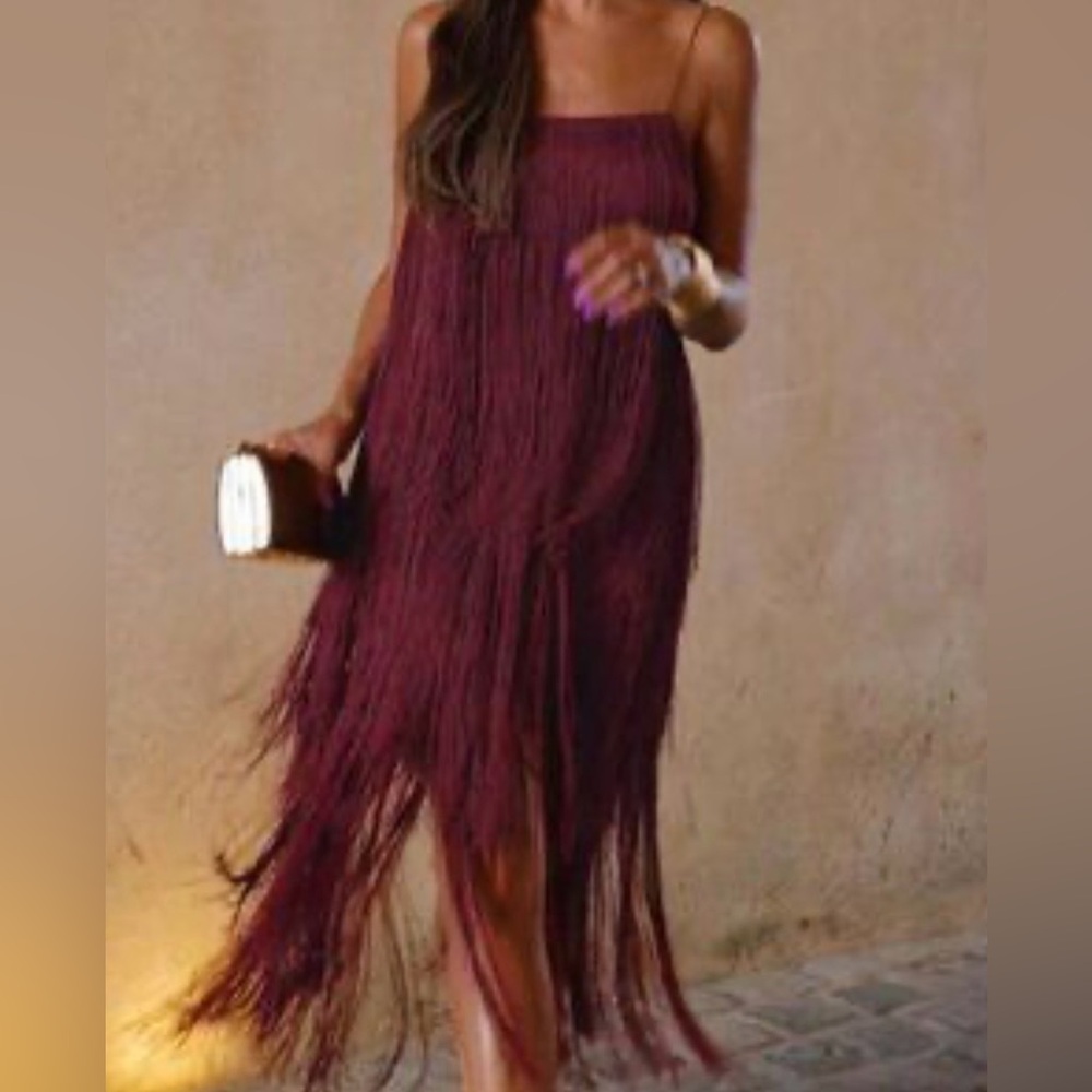 Zara Burgundy Fringe Midi Dress